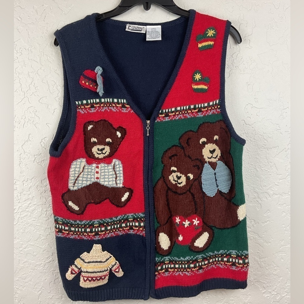 Women’s Vintage Capacity Teddy Bear Zip Up Sweater Vest Size Large Novelty Fun